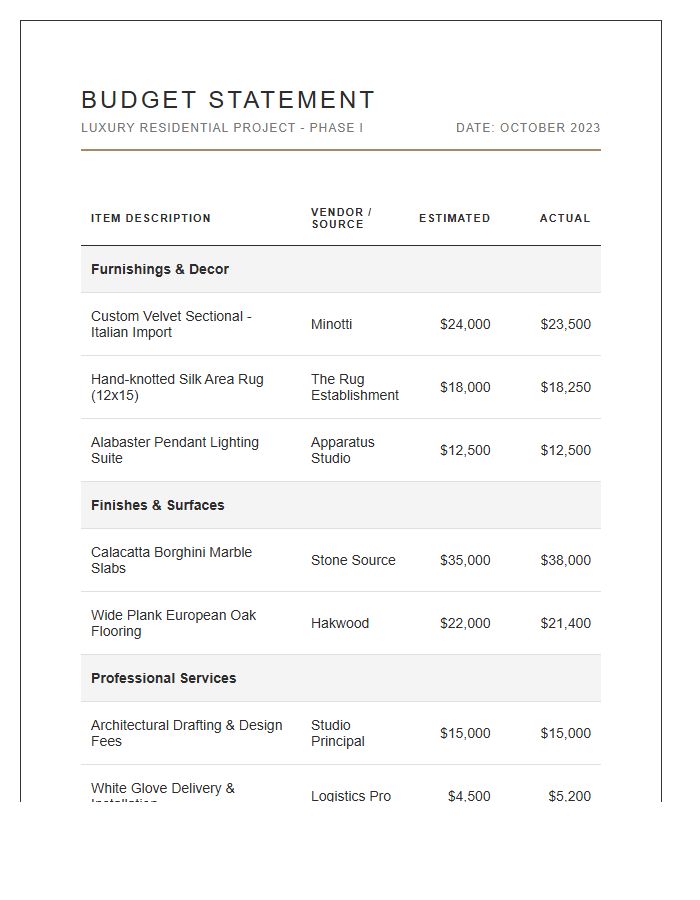Luxury Interior Design Project Printable Budget Chart