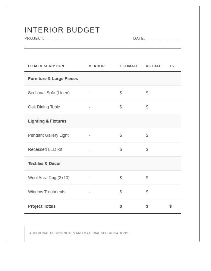 Minimalist Interior Design Project Printable Budget Chart