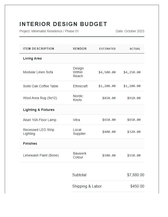 Modern Interior Design Project Printable Budget Chart