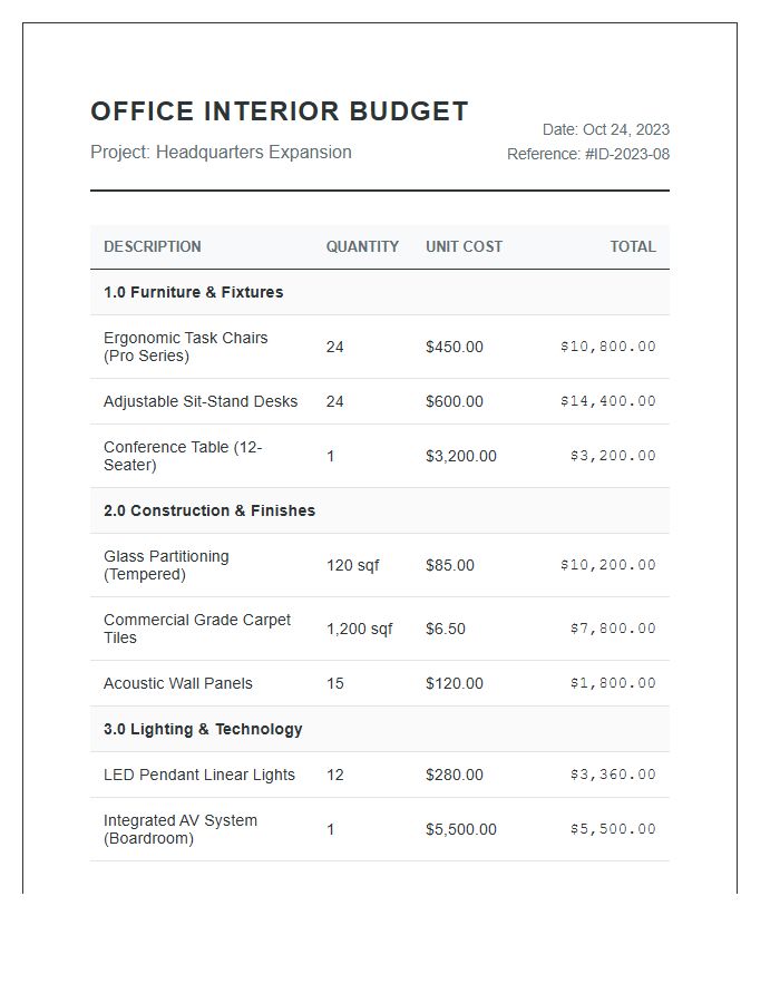 Office Interior Design Project Printable Budget Chart