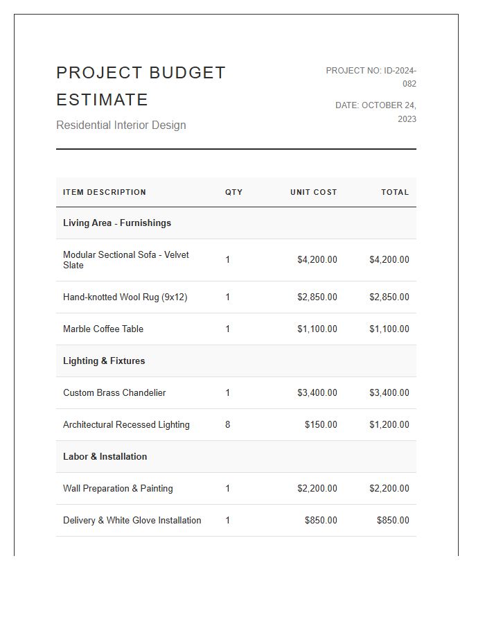 Professional Interior Design Project Printable Budget Chart