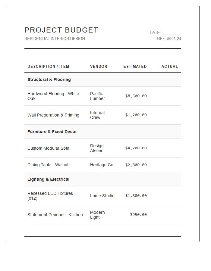 Residential Interior Design Project Printable Budget Chart