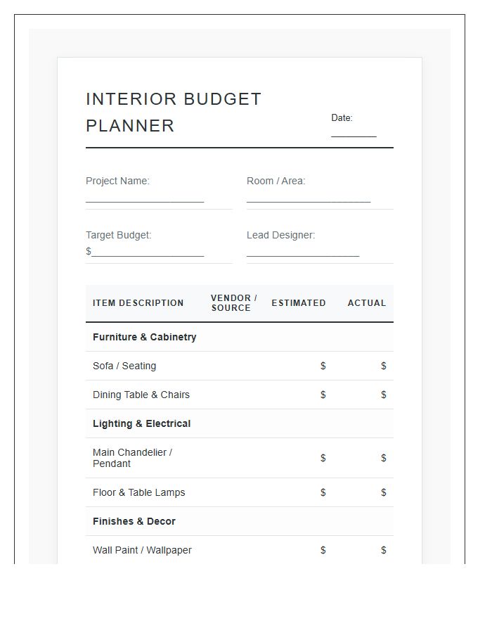 Simple Interior Design Project Printable Budget Chart