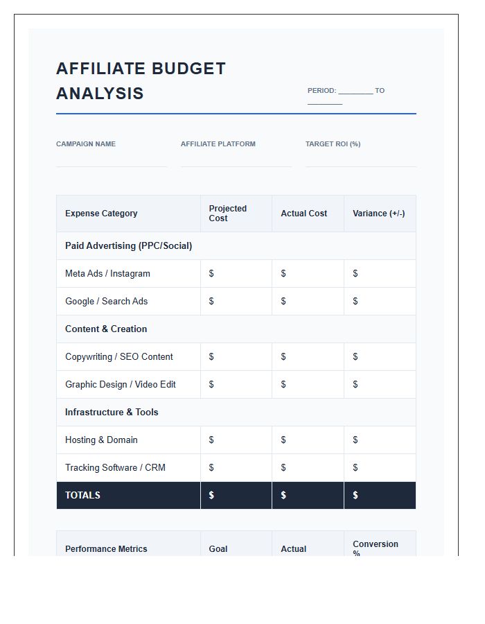 Affiliate Marketing Program Printable Budget Analysis Chart