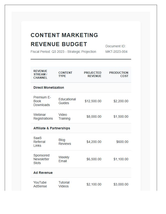Digital Content Marketing Revenue Printable Budget Chart