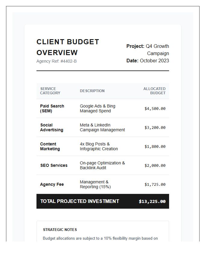 Digital Marketing Agency Printable Client Budget Chart