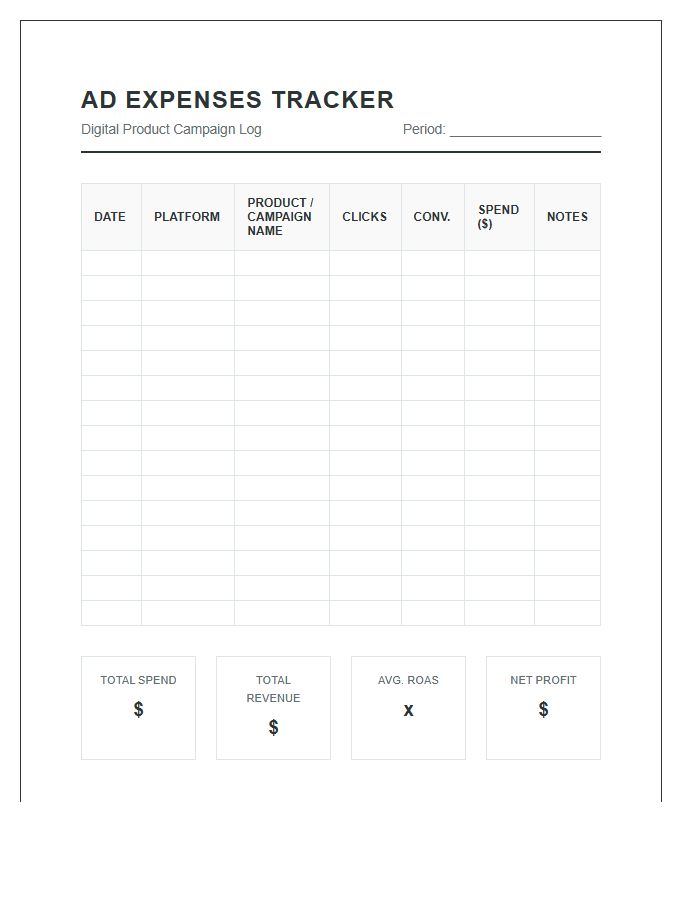 Digital Product Advertising Expenses Printable Tracking Chart