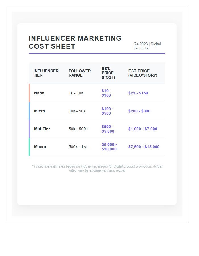 Digital Product Influencer Marketing Printable Cost Chart