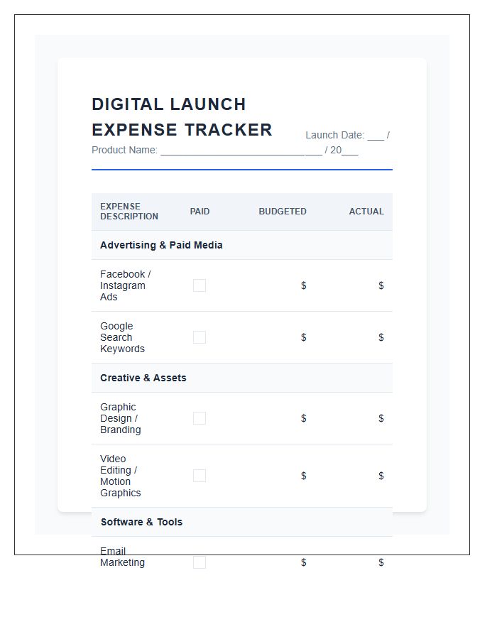 Digital Product Launch Marketing Printable Expense Chart