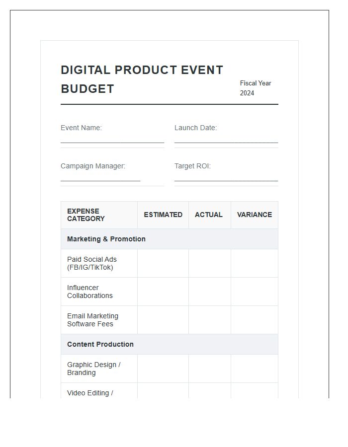 Digital Product Promotional Events Printable Budget Chart