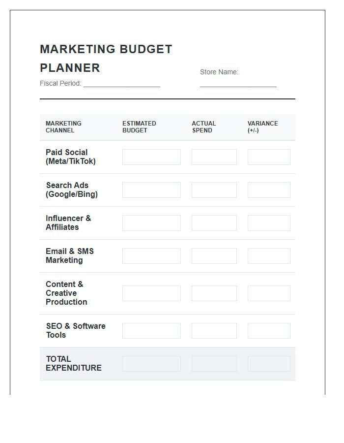 Ecommerce Store Marketing Printable Budget Planning Chart