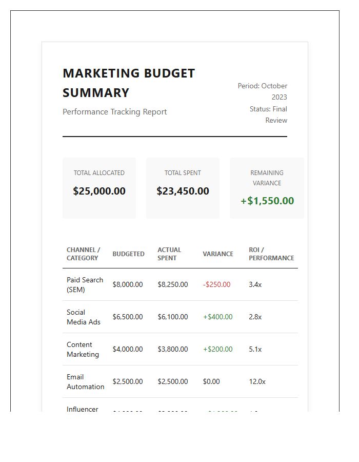 Monthly Marketing Performance Printable Budget Summary Chart