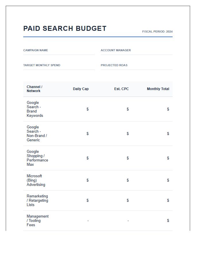 Paid Search Advertising Printable Marketing Budget Chart
