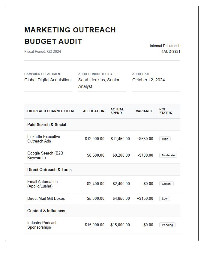 Professional Marketing Outreach Printable Budget Audit Chart