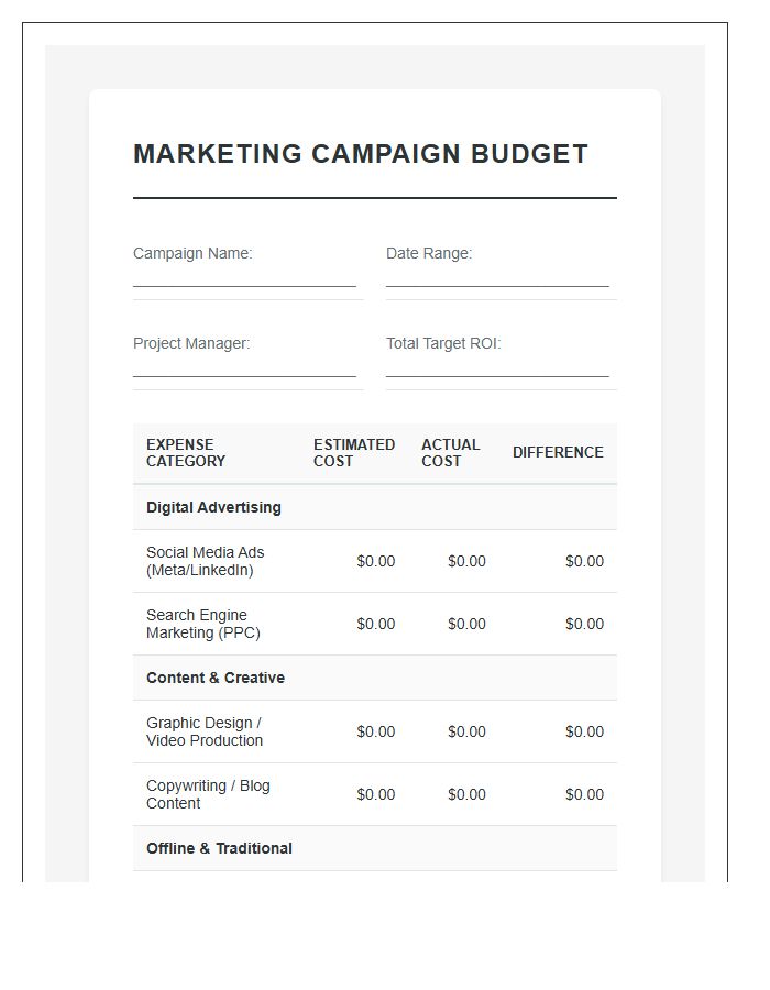 Small Business Marketing Campaign Printable Budget Chart