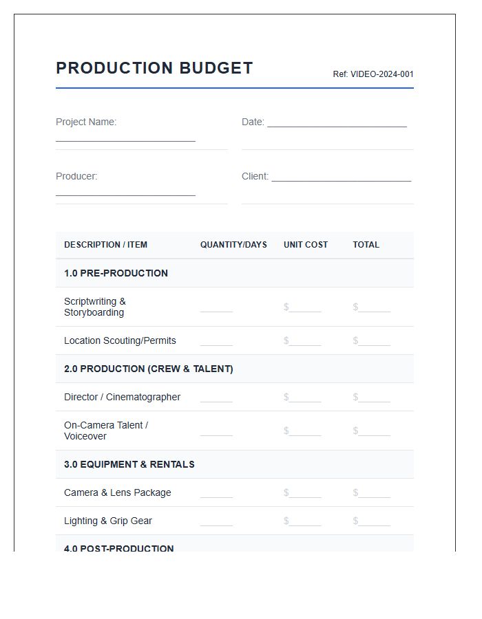Video Marketing Production Printable Budget Resource Chart