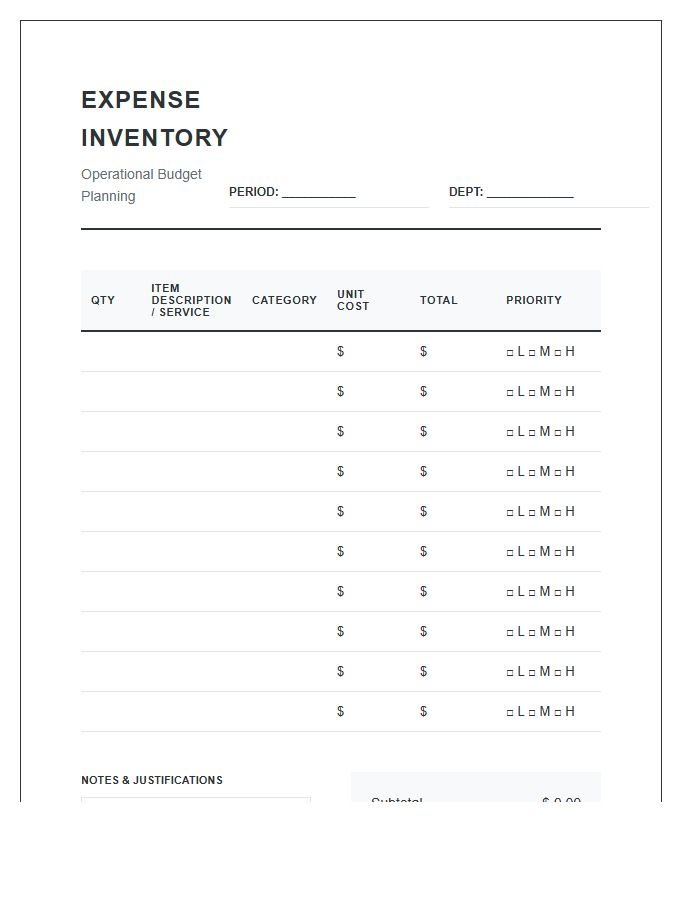 Business Expense Planning Printable Inventory Chart