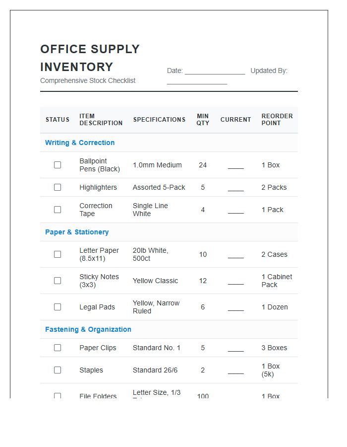 Comprehensive Office Supply Inventory Printable Chart