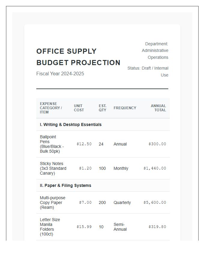 Detailed Office Supply Budget Projection Printable Chart