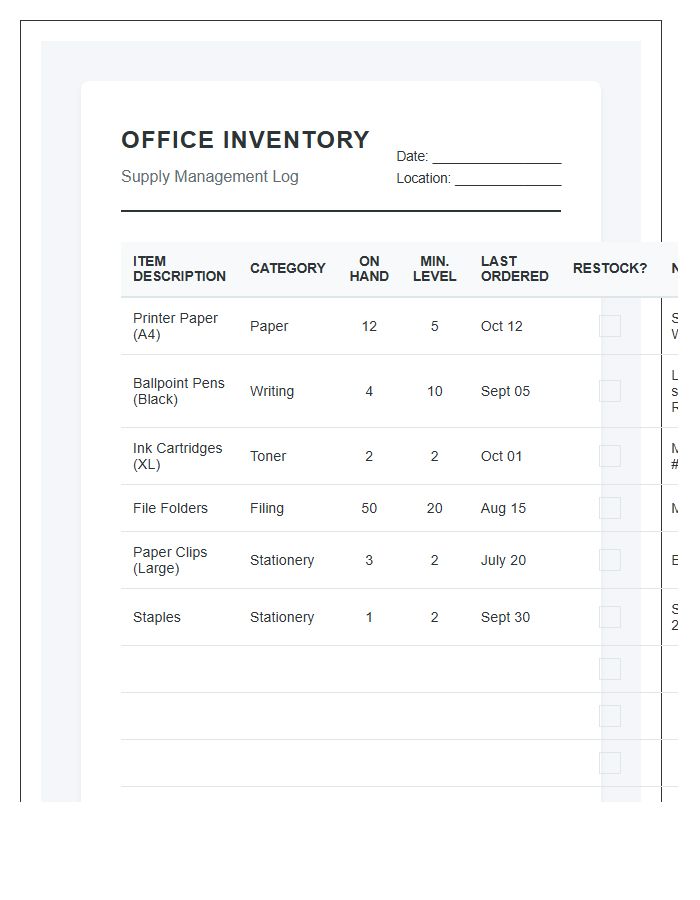 Functional Office Supply Inventory Listing Printable Chart