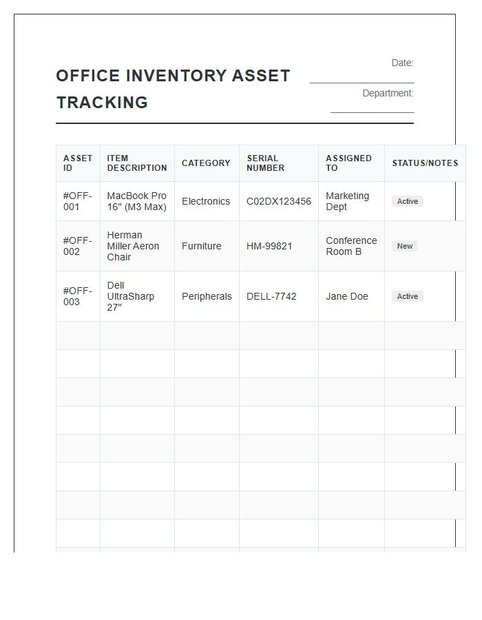 Office Inventory Asset Tracking Printable Chart
