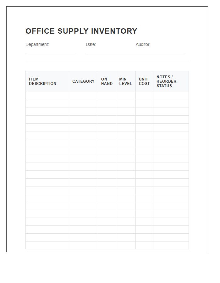 Office Supply Inventory Management Printable Tracking Chart
