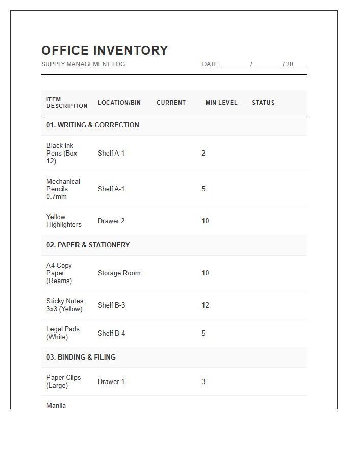 Organized Office Supply Inventory Printable Chart