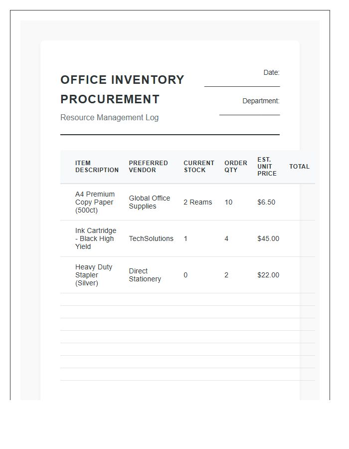 Professional Office Inventory Procurement Printable Chart