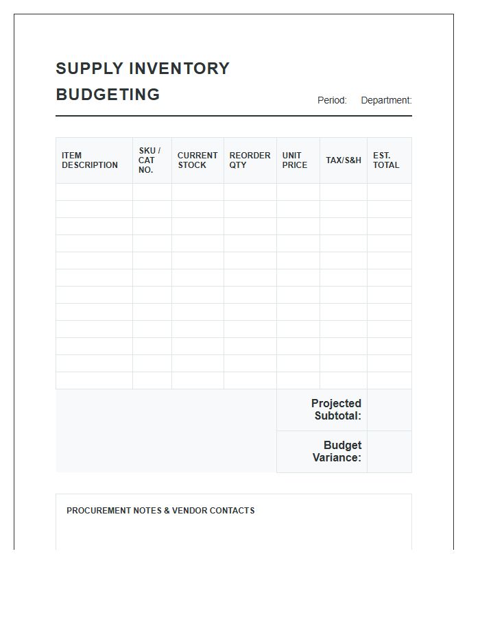 Small Business Supply Inventory Budgeting Printable Chart