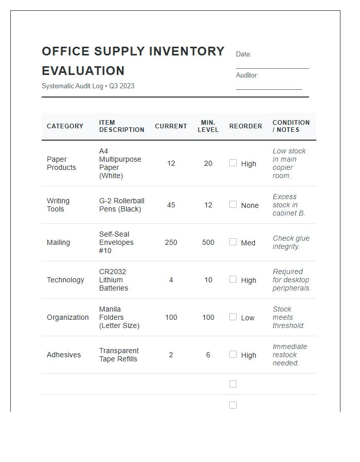 Systematic Office Supply Inventory Evaluation Printable Chart