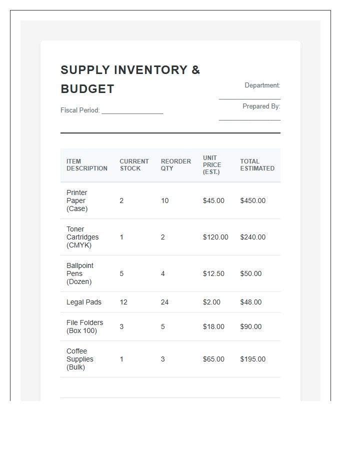 Workplace Supply Inventory Budget Estimation Printable Chart