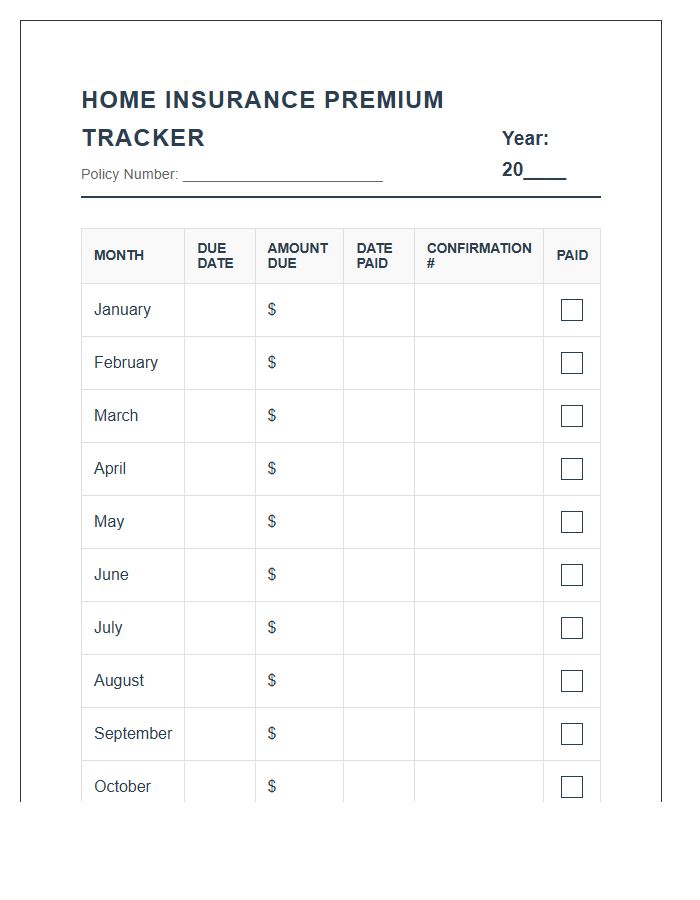 Annual Home Insurance Premium Payment Printable Chart