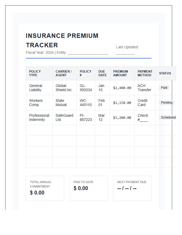 Business Insurance Premium Payment Printable Management Chart