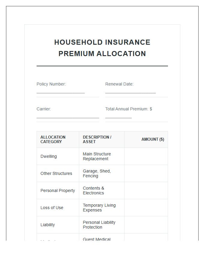 Household Insurance Premium Payment Printable Allocation Chart
