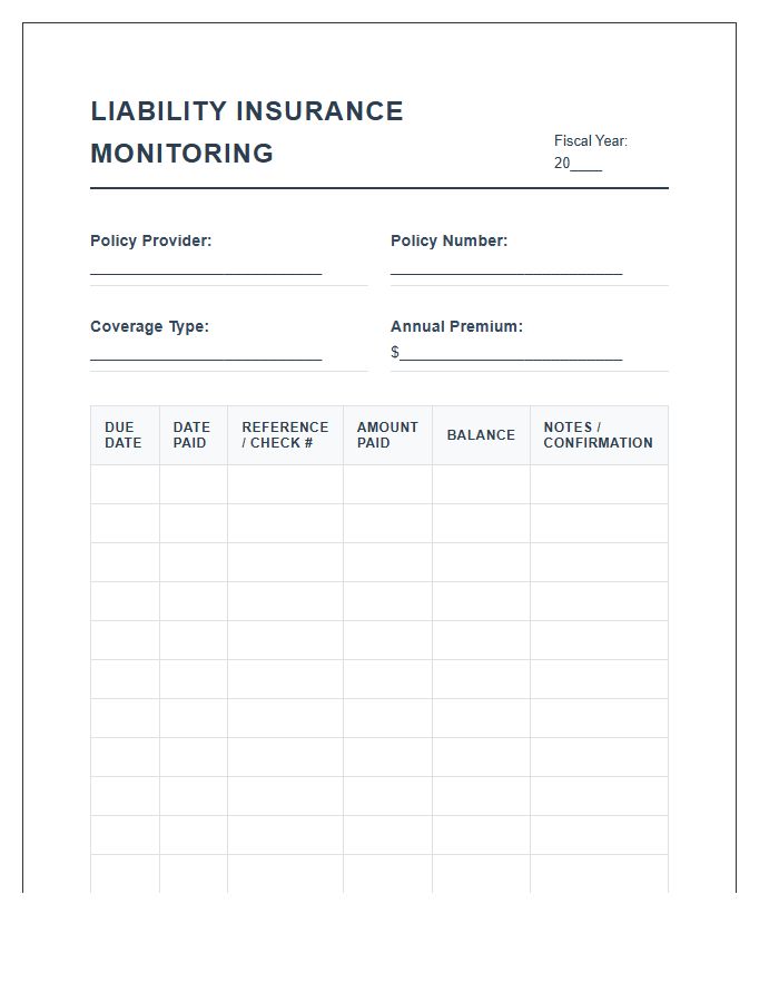 Liability Insurance Premium Payment Printable Monitoring Chart