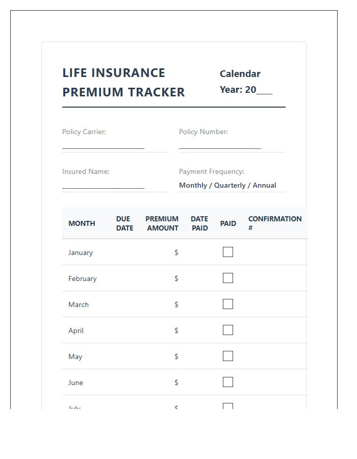 Life Insurance Premium Payment Printable Budgeting Chart