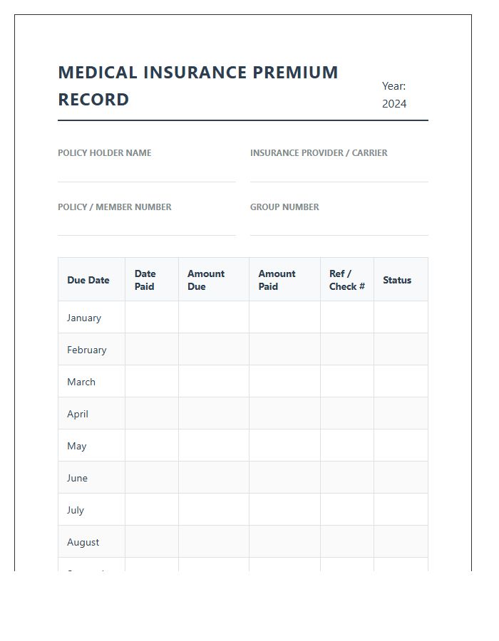 Medical Insurance Premium Payment Printable Record Chart