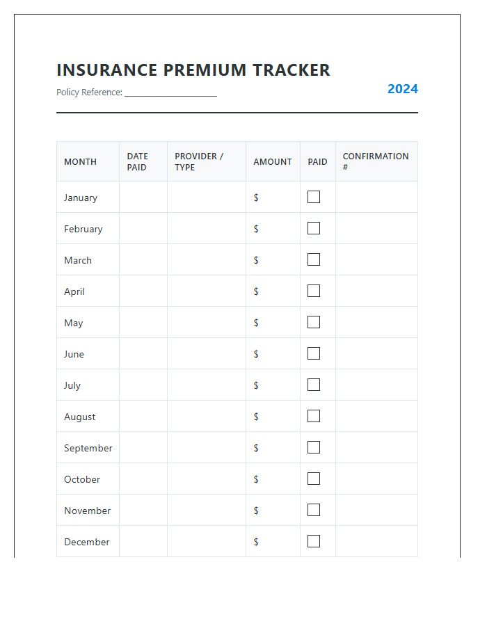 Monthly Insurance Premium Payment Printable Tracking Chart