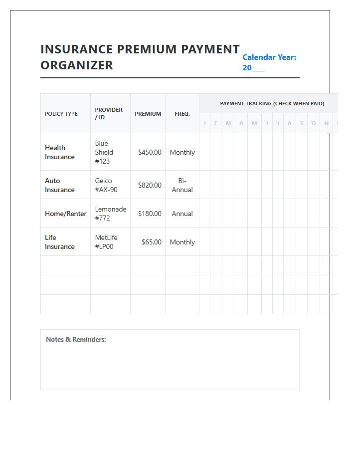 Personal Insurance Premium Payment Printable Organizer Chart