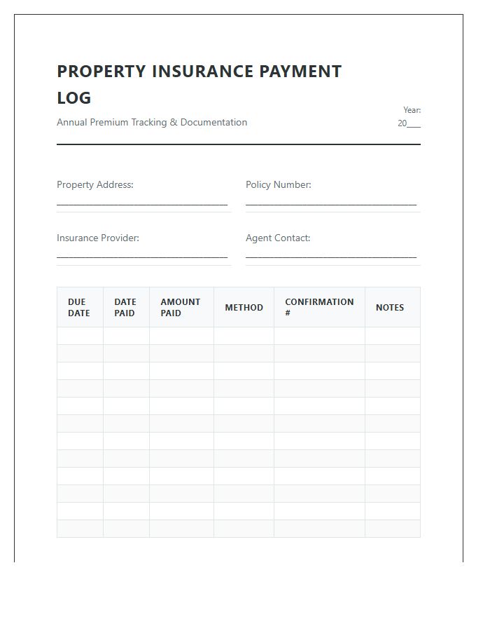Property Insurance Premium Payment Printable Log Chart
