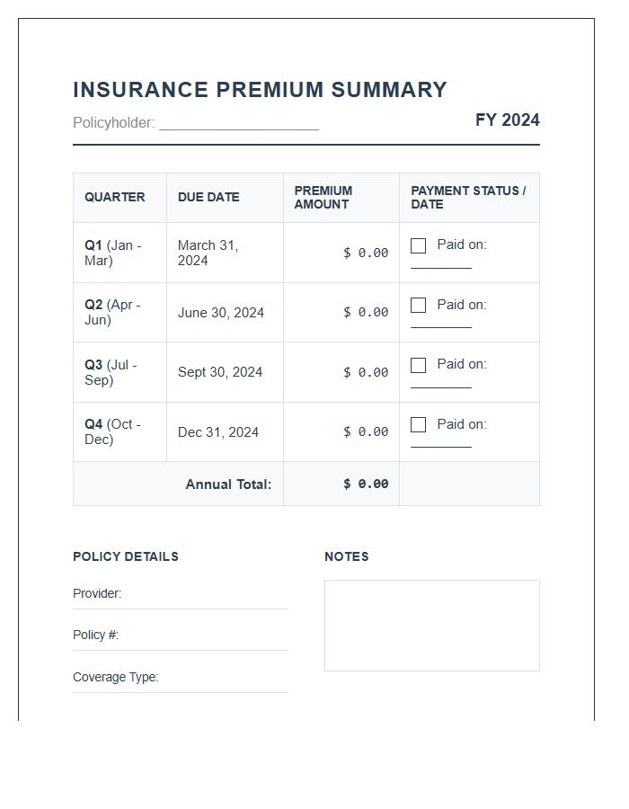Quarterly Insurance Premium Payment Printable Summary Chart
