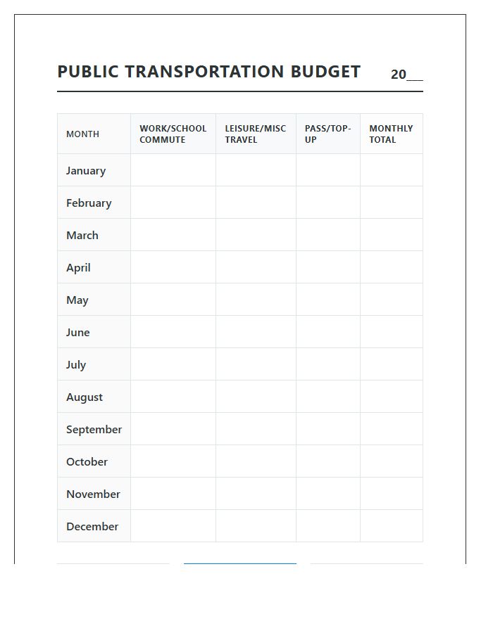 Annual Public Transportation Cost Printable Budget Chart