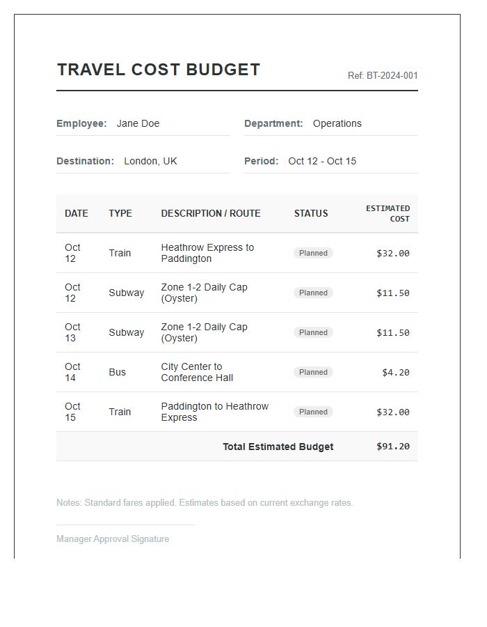 Business Travel Public Transportation Cost Printable Budget Chart