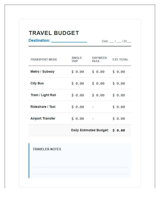 City Travel Public Transportation Cost Printable Budget Chart
