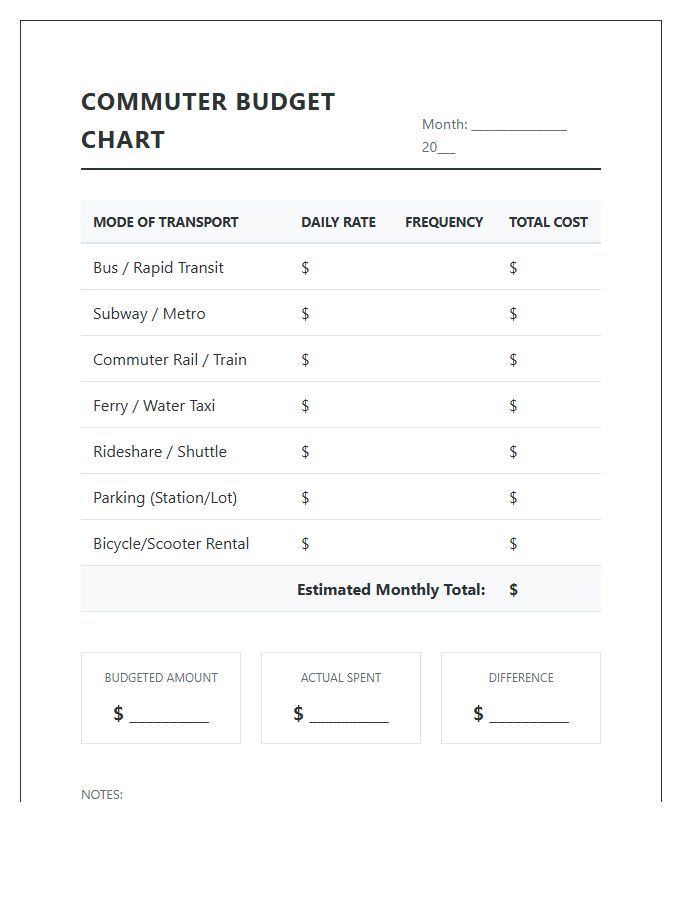Commuter Public Transportation Cost Printable Budget Chart