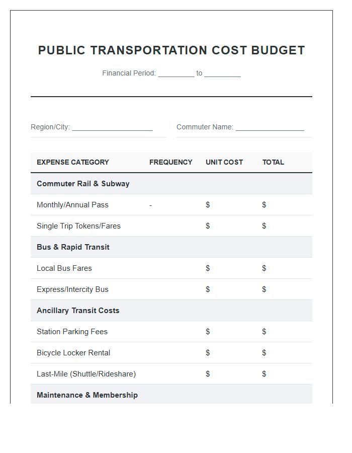 Comprehensive Public Transportation Cost Printable Budget Chart