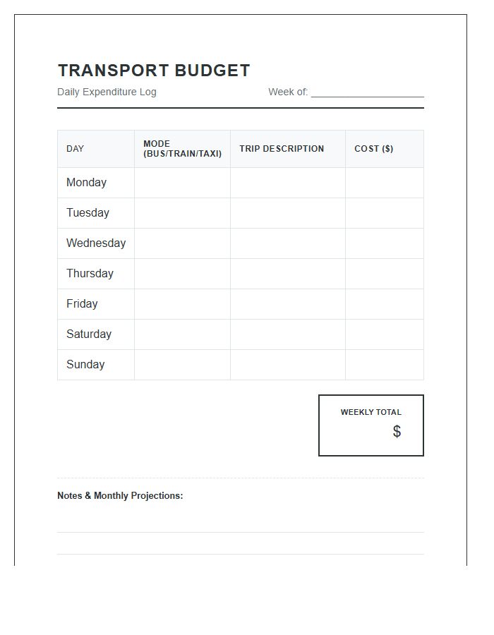 Daily Public Transportation Cost Printable Budget Chart