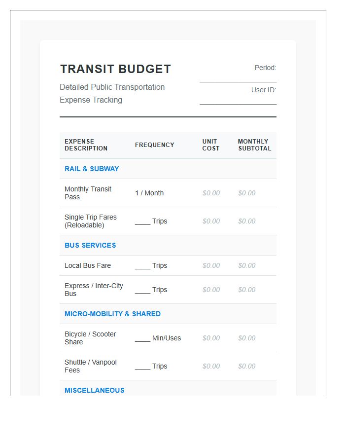 Detailed Public Transportation Cost Printable Budget Chart