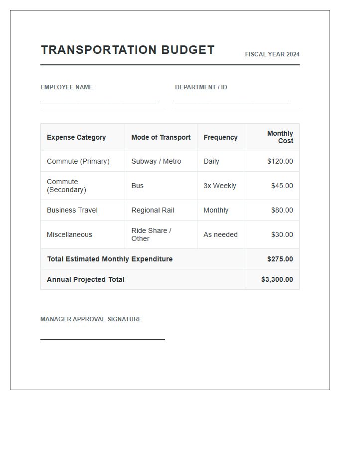 Employee Public Transportation Cost Printable Budget Chart