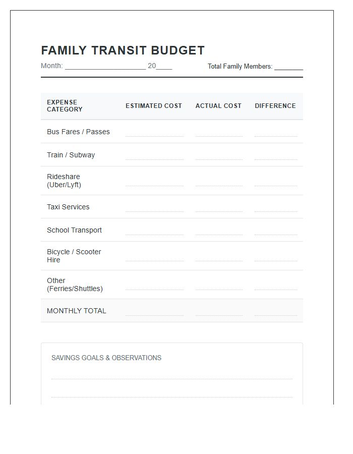 Family Public Transportation Cost Printable Budget Chart